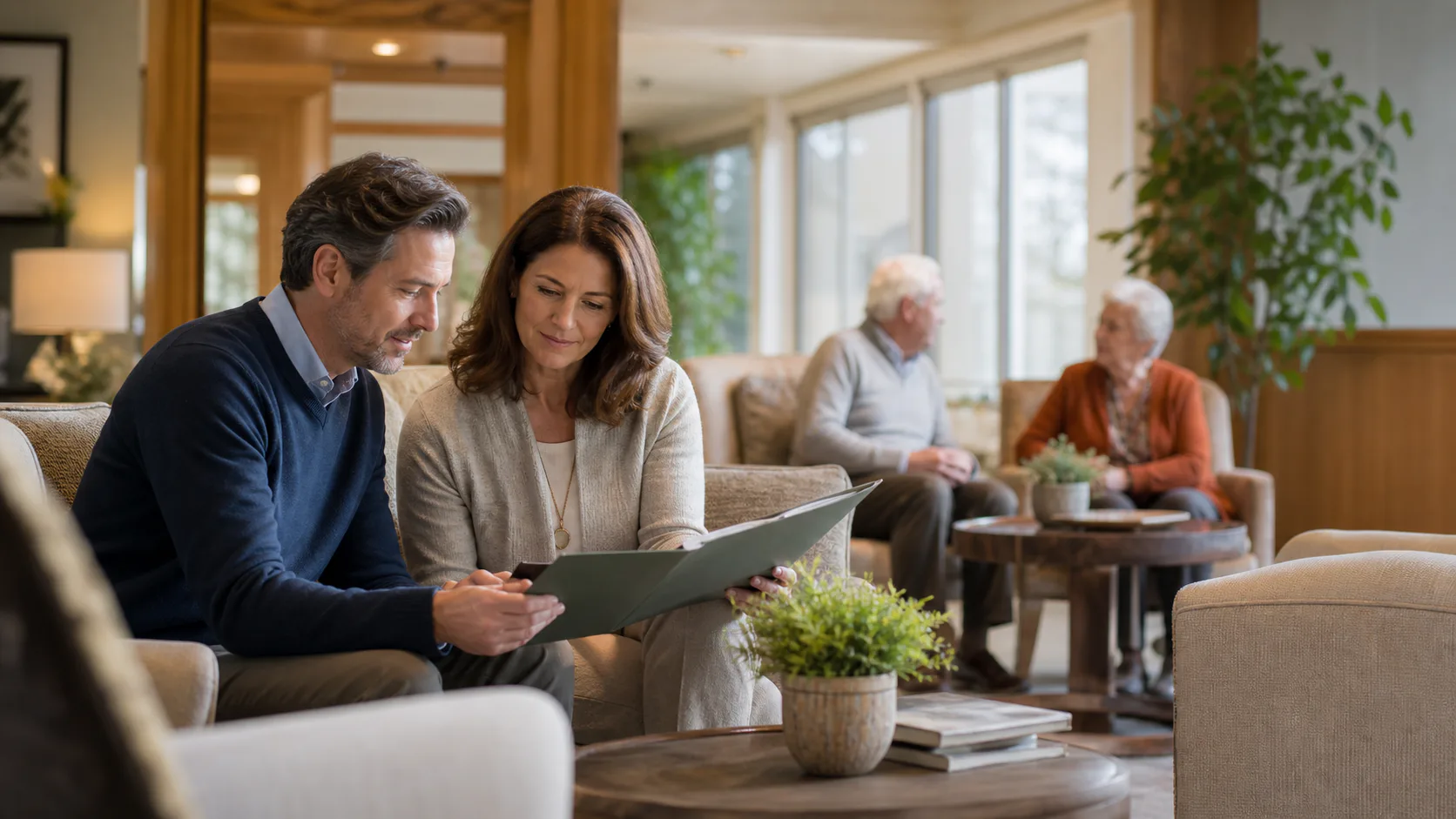 Two adult family members reviewing a folder during a senior living community visit