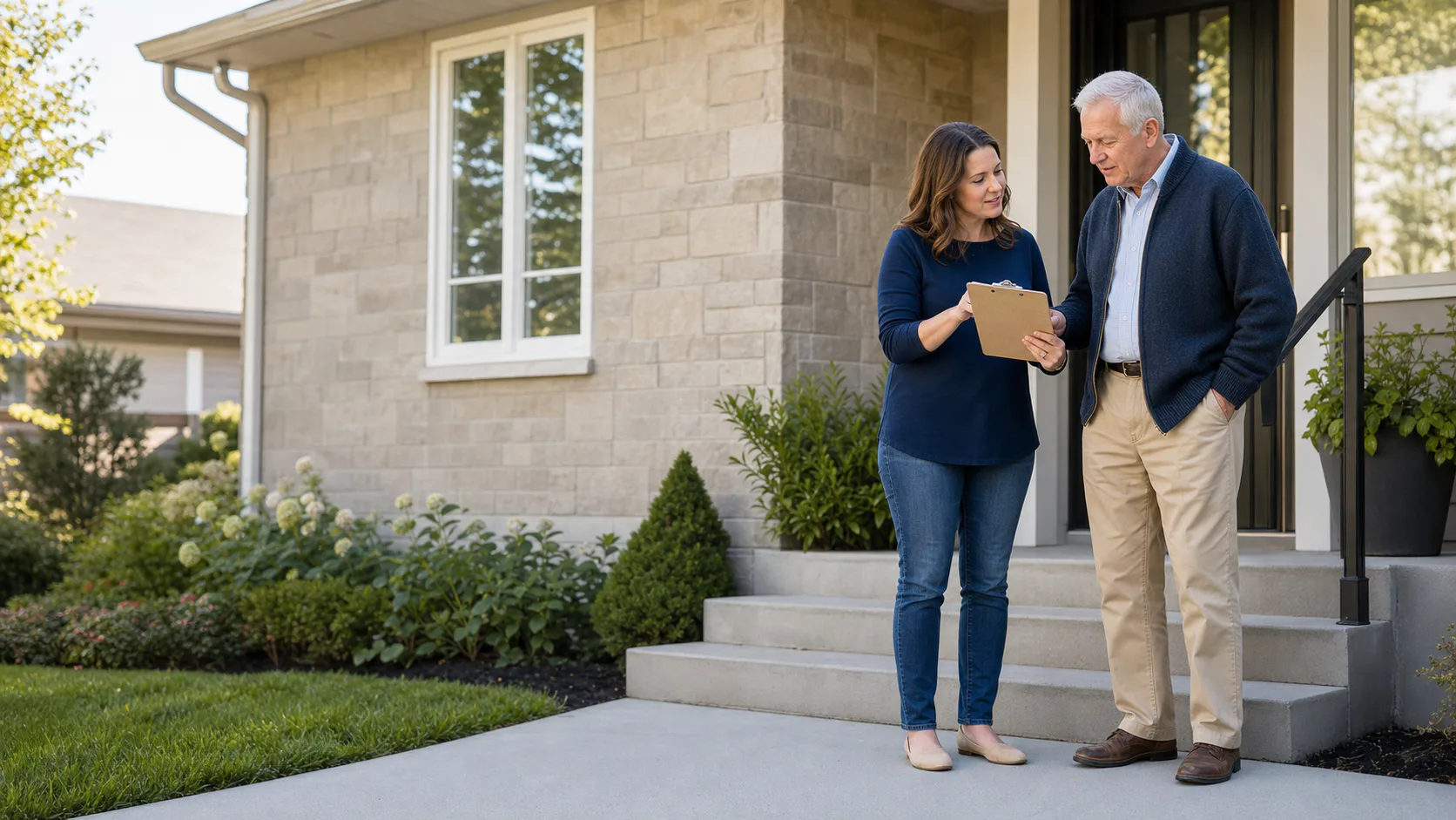 Adult daughter and older father reviewing home safety at the entrance of his home